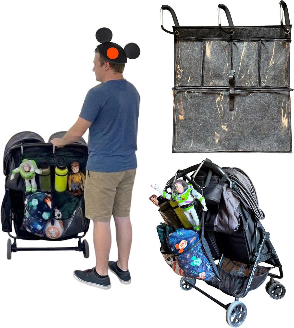 Stroller Ally, Disney World Essential Transparent Stroller Organizer with XL Hooks, Disneyland & Theme Park Travel Accessory (Double, Side-by-Side Strollers)
