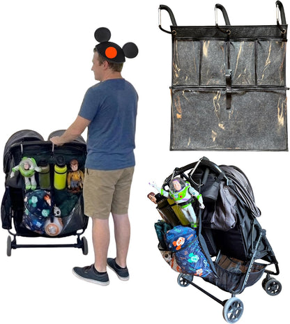 Stroller Ally, Disney World Essential Transparent Stroller Organizer with XL Hooks, Disneyland & Theme Park Travel Accessory (Double, Side-by-Side Strollers)
