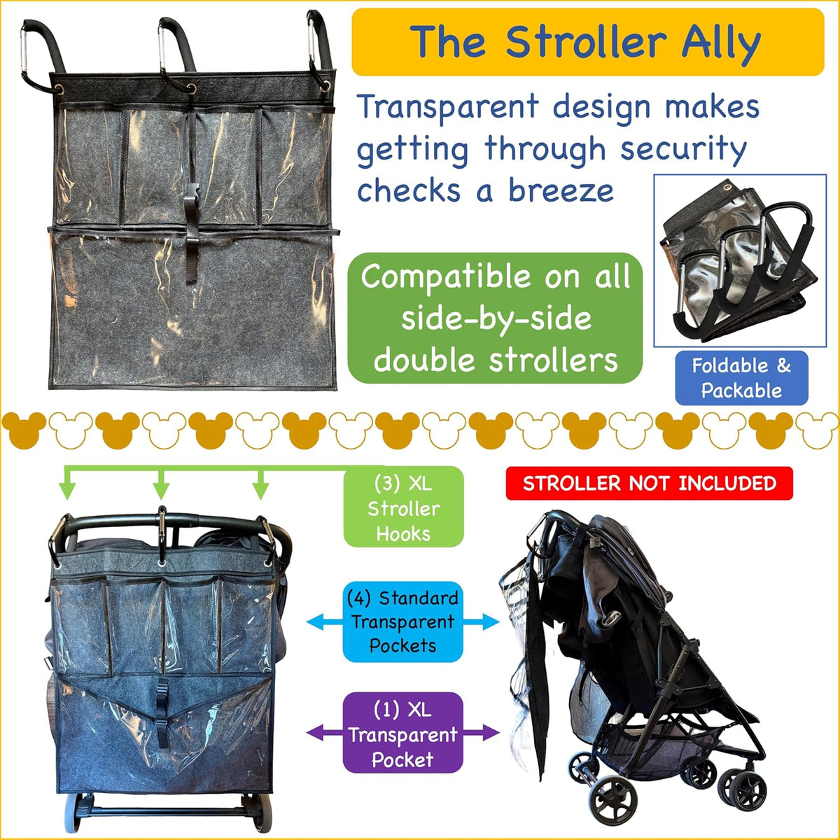 Stroller Ally, Disney World Essential Transparent Stroller Organizer with XL Hooks, Disneyland & Theme Park Travel Accessory (Double, Side-by-Side Strollers)