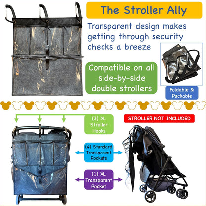 Stroller Ally, Disney World Essential Transparent Stroller Organizer with XL Hooks, Disneyland & Theme Park Travel Accessory (Double, Side-by-Side Strollers)