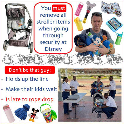 Stroller Ally, Disney World Essential Transparent Stroller Organizer with XL Hooks, Disneyland & Theme Park Travel Accessory (Double, Side-by-Side Strollers)