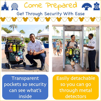 Stroller Ally, Disney World Essential Transparent Stroller Organizer with XL Hooks, Disneyland & Theme Park Travel Accessory (Double, Side-by-Side Strollers)