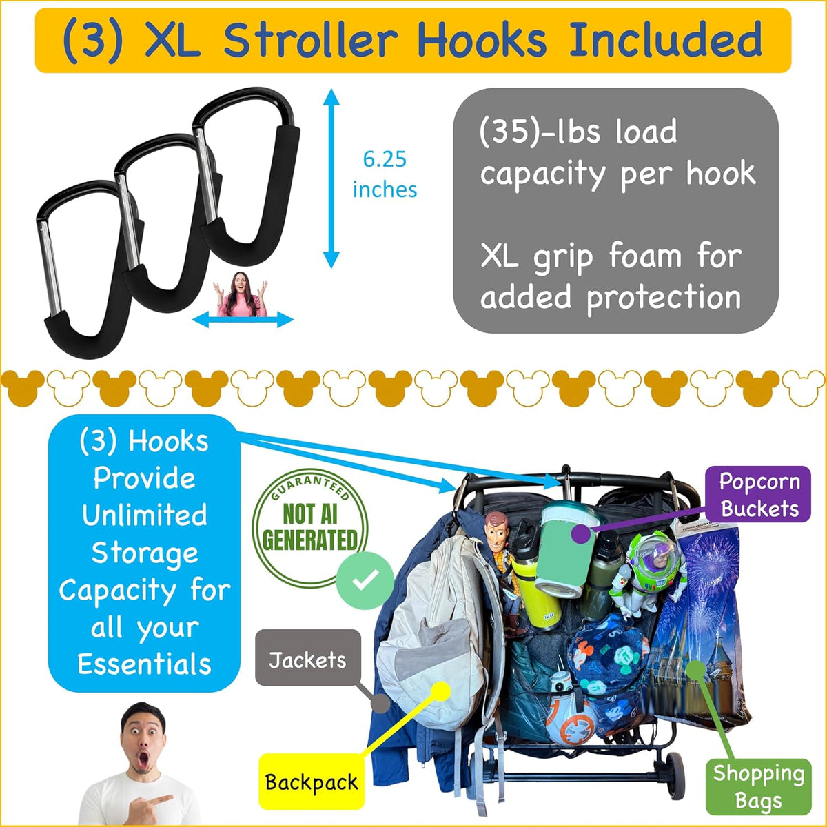 Stroller Ally, Disney World Essential Transparent Stroller Organizer with XL Hooks, Disneyland & Theme Park Travel Accessory (Double, Side-by-Side Strollers)