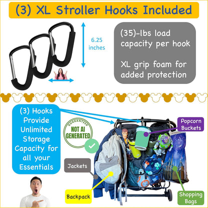 Stroller Ally, Disney World Essential Transparent Stroller Organizer with XL Hooks, Disneyland & Theme Park Travel Accessory (Double, Side-by-Side Strollers)
