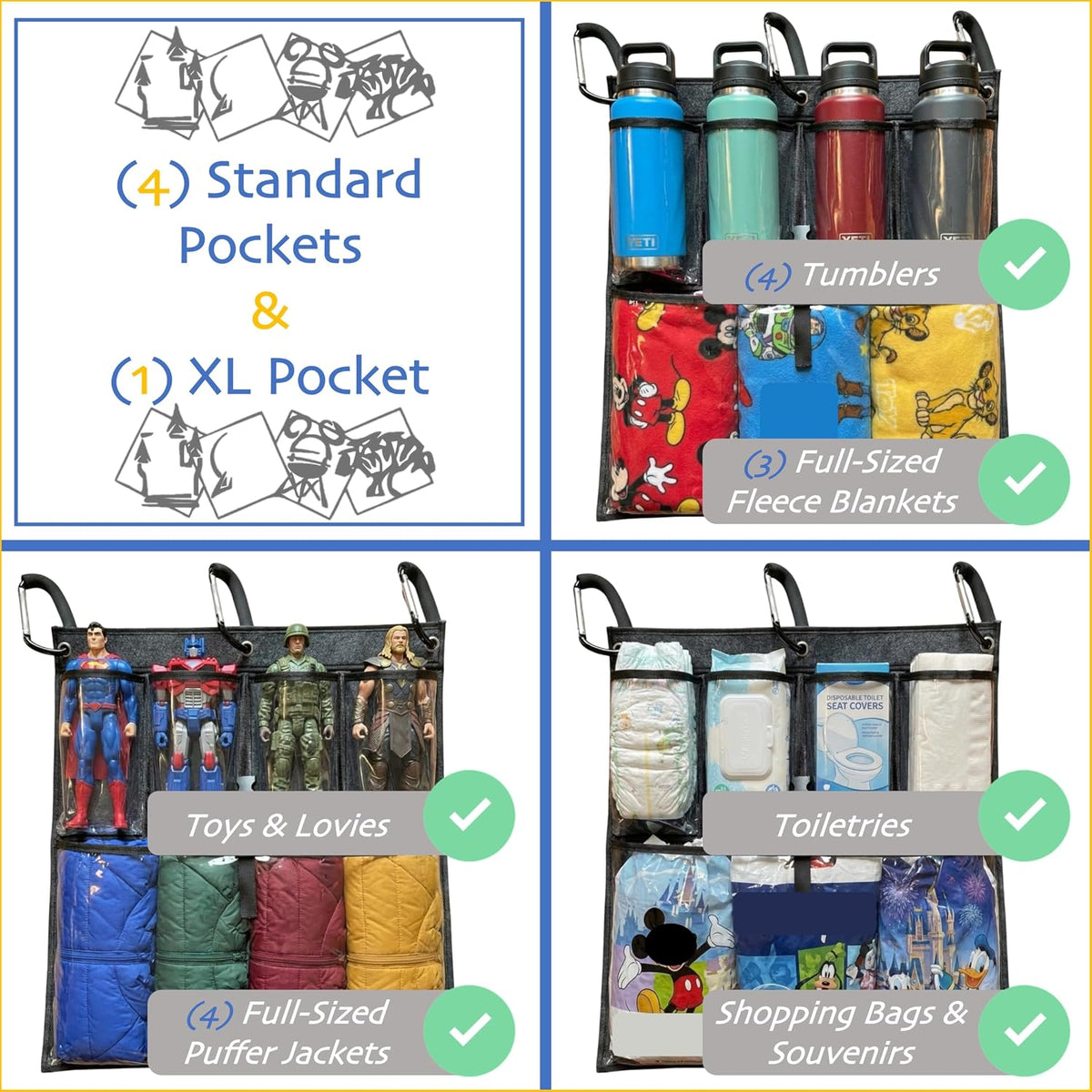 Stroller Ally, Disney World Essential Transparent Stroller Organizer with XL Hooks, Disneyland & Theme Park Travel Accessory (Double, Side-by-Side Strollers)