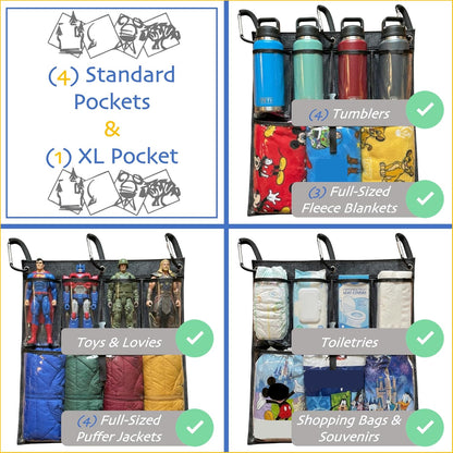 Stroller Ally, Disney World Essential Transparent Stroller Organizer with XL Hooks, Disneyland & Theme Park Travel Accessory (Double, Side-by-Side Strollers)