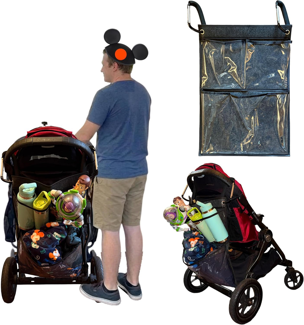 Stroller Ally, Disney World Essential Transparent Stroller Organizer with XL Hooks, Disneyland & Theme Park Travel Accessory (Double, Side-by-Side Strollers)