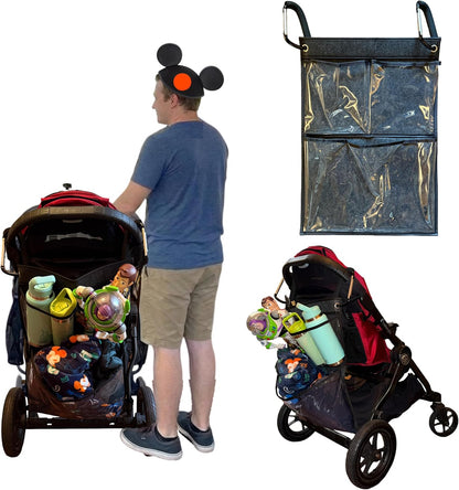 Stroller Ally, Disney World Essential Transparent Stroller Organizer with XL Hooks, Disneyland & Theme Park Travel Accessory (Double, Side-by-Side Strollers)
