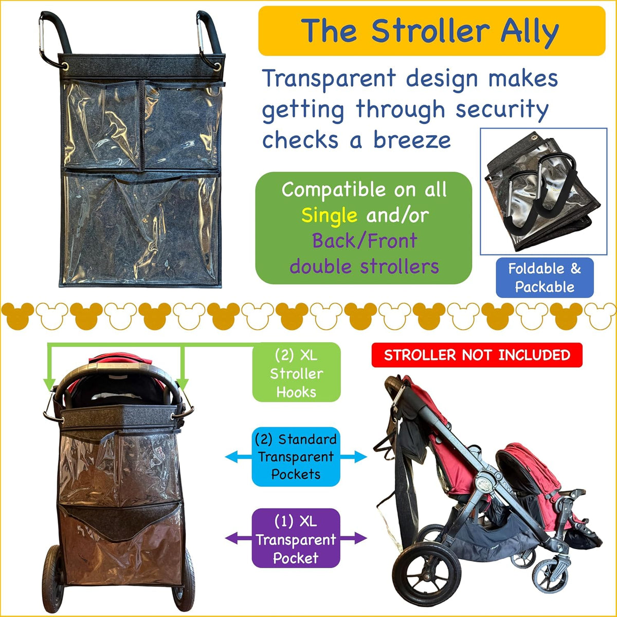 Stroller Ally, Disney World Essential Transparent Stroller Organizer with XL Hooks, Disneyland & Theme Park Travel Accessory (Double, Side-by-Side Strollers)
