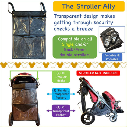 Stroller Ally, Disney World Essential Transparent Stroller Organizer with XL Hooks, Disneyland & Theme Park Travel Accessory (Double, Side-by-Side Strollers)