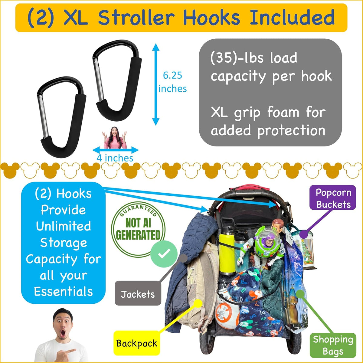 Stroller Ally, Disney World Essential Transparent Stroller Organizer with XL Hooks, Disneyland & Theme Park Travel Accessory (Double, Side-by-Side Strollers)