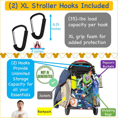 Stroller Ally, Disney World Essential Transparent Stroller Organizer with XL Hooks, Disneyland & Theme Park Travel Accessory (Double, Side-by-Side Strollers)