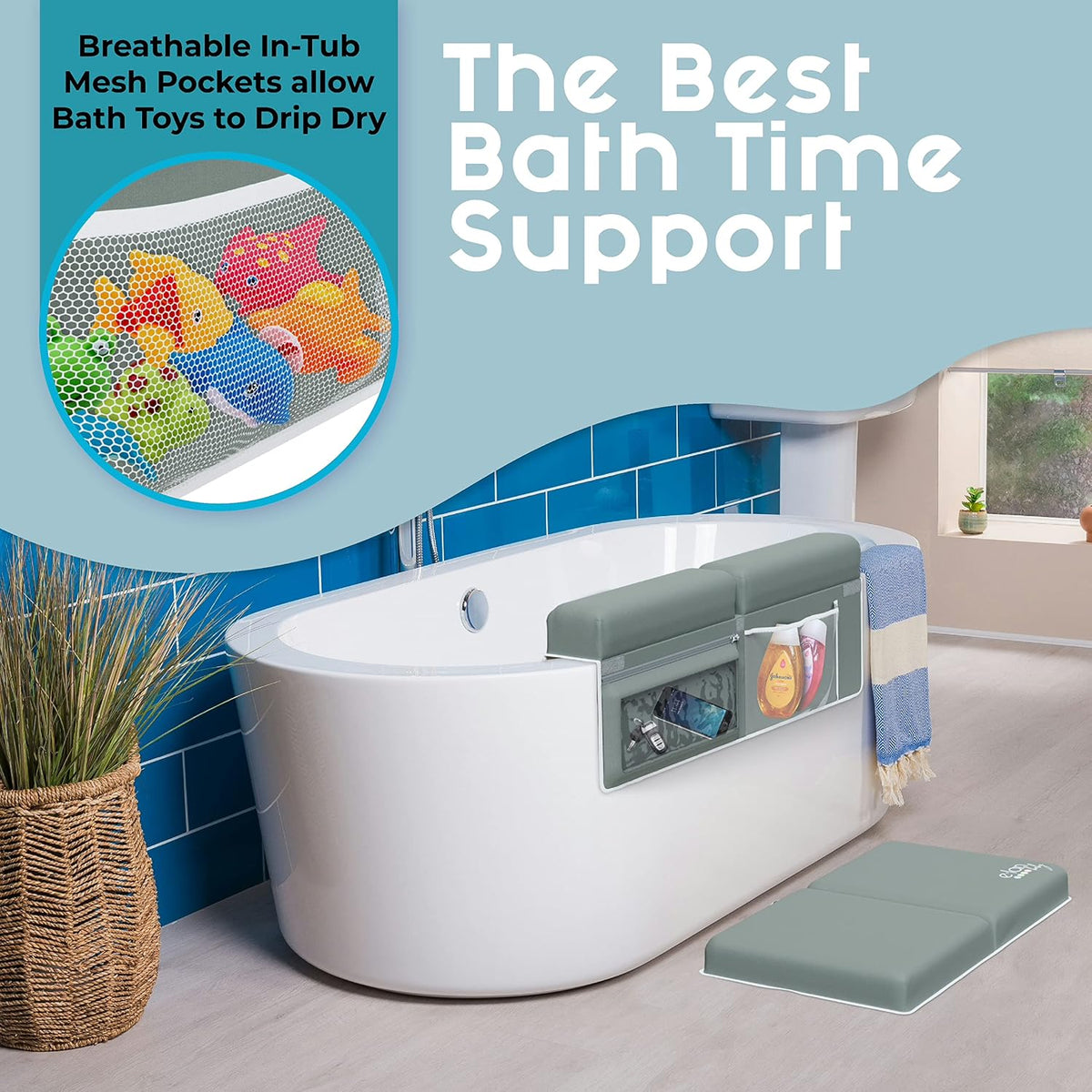 Comfortable Baby Bath Kneeler and Elbow Rest Pad Set - Kneeling Pad Bath Mat with 4 Toy Organizer Pockets,Non-Slip Baby Bathtub Mat, Waterproof and Easy to Clean