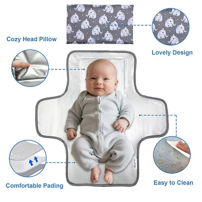 Cute Elephant Portable Diaper Changing Mat,Waterproof Foldable Travel Changing Pad,On-The-Go Wipeable Reusable Changing Pad,Waterproof & Compact,for Diaper Bags,Travel,Car Backseat Changes,Strollers