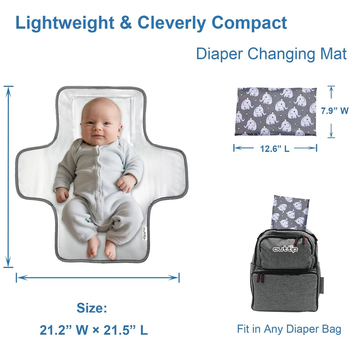 Cute Elephant Portable Diaper Changing Mat,Waterproof Foldable Travel Changing Pad,On-The-Go Wipeable Reusable Changing Pad,Waterproof & Compact,for Diaper Bags,Travel,Car Backseat Changes,Strollers