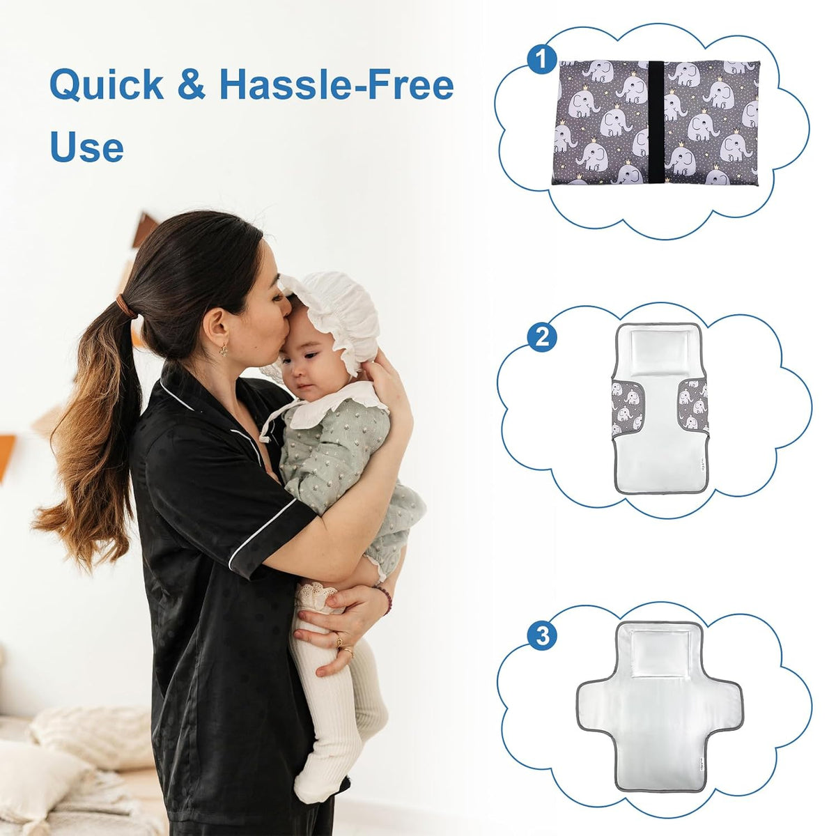 Cute Elephant Portable Diaper Changing Mat,Waterproof Foldable Travel Changing Pad,On-The-Go Wipeable Reusable Changing Pad,Waterproof & Compact,for Diaper Bags,Travel,Car Backseat Changes,Strollers