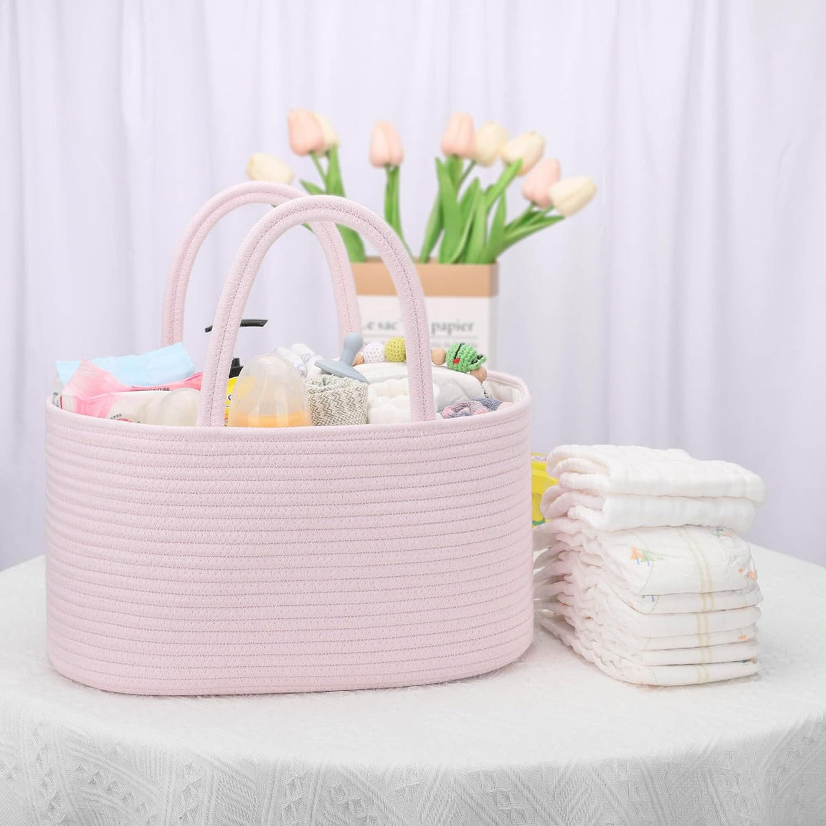 Baby Diaper Caddy Organizer for Girls, Cotton Rope, Light pink