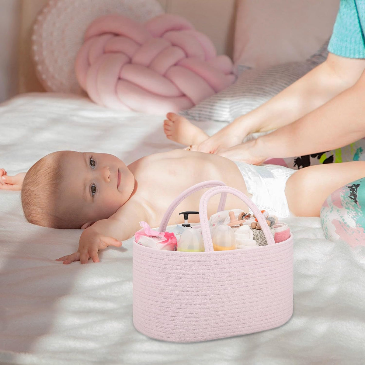 Baby Diaper Caddy Organizer for Girls, Cotton Rope, Light pink
