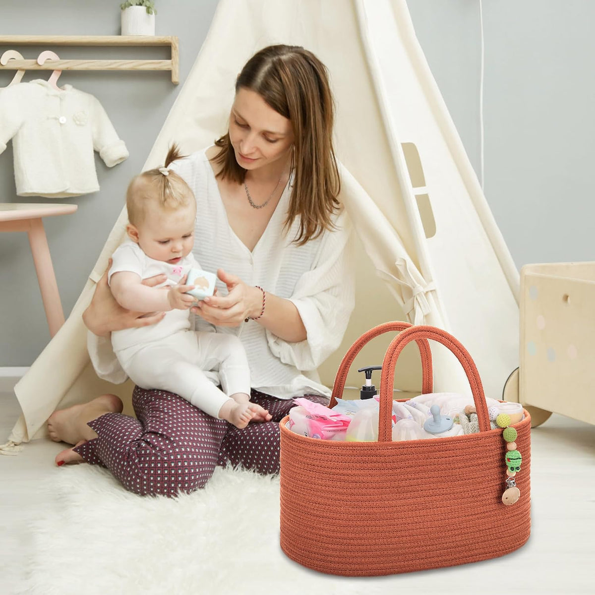Baby Diaper Caddy Organizer for Girls, Cotton Rope, Light pink