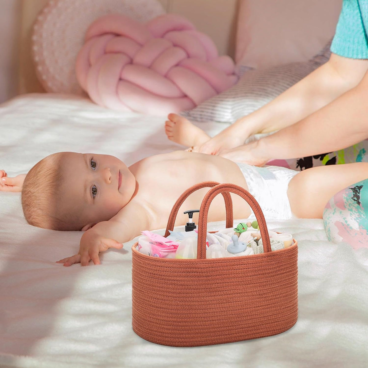 Baby Diaper Caddy Organizer for Girls, Cotton Rope, Light pink