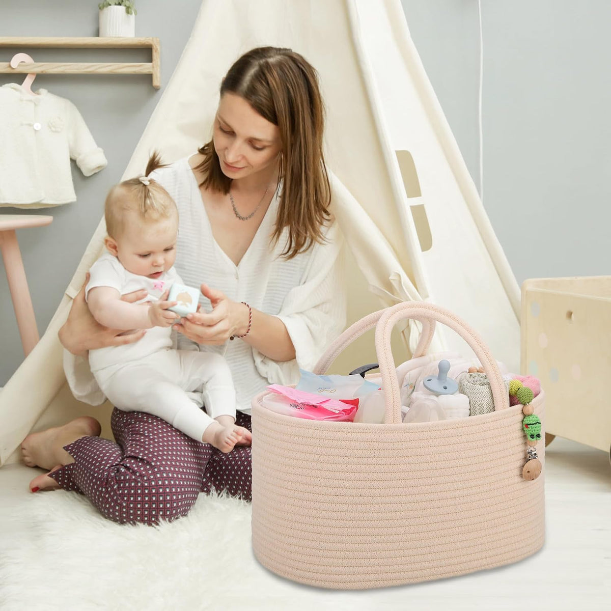 Baby Diaper Caddy Organizer for Girls, Cotton Rope, Light pink