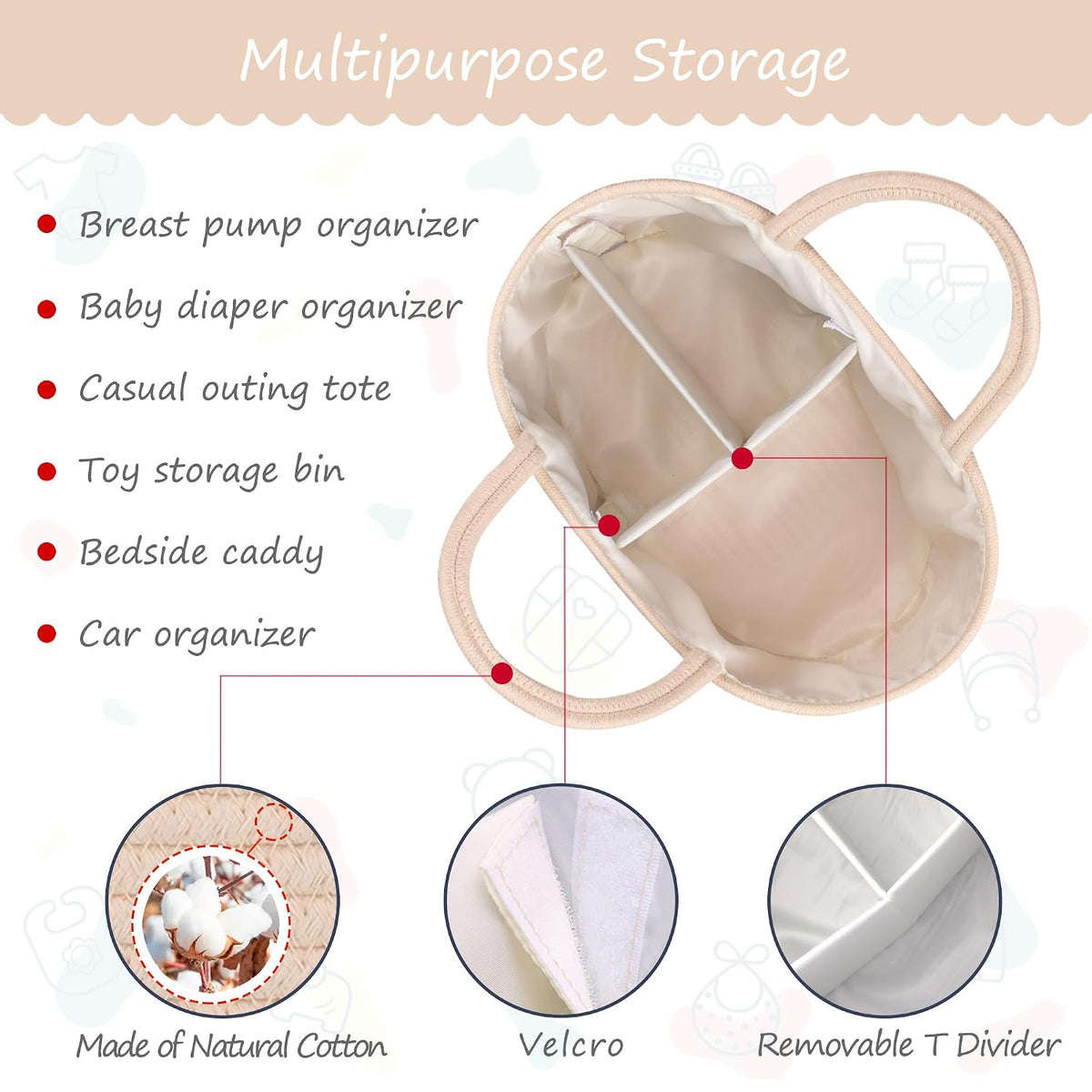 Baby Diaper Caddy Organizer for Girls, Cotton Rope, Light pink