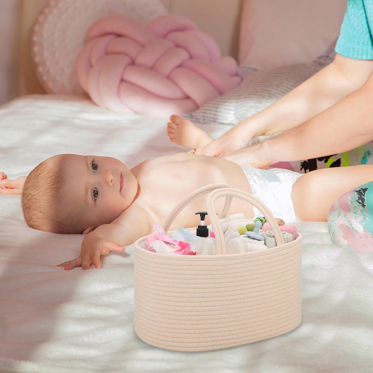 Baby Diaper Caddy Organizer for Girls, Cotton Rope, Light pink
