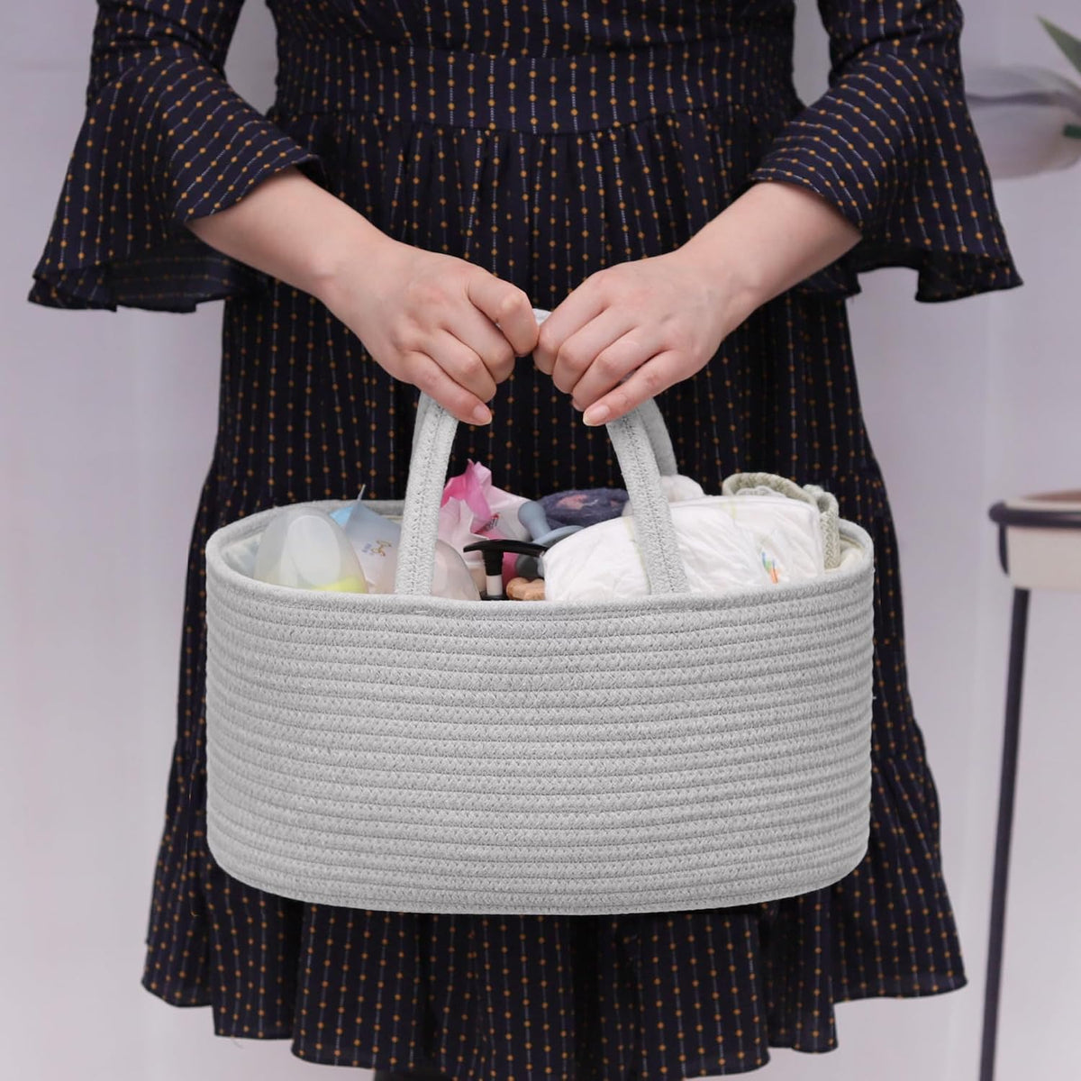 Baby Diaper Caddy Organizer for Girls, Cotton Rope, Light pink