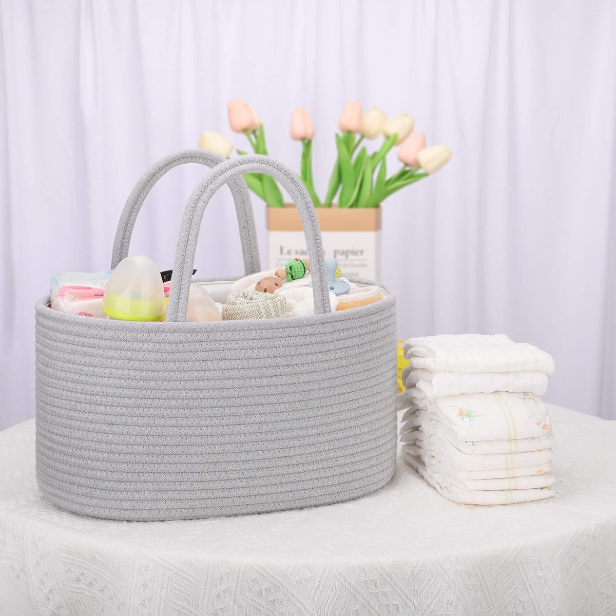 Baby Diaper Caddy Organizer for Girls, Cotton Rope, Light pink