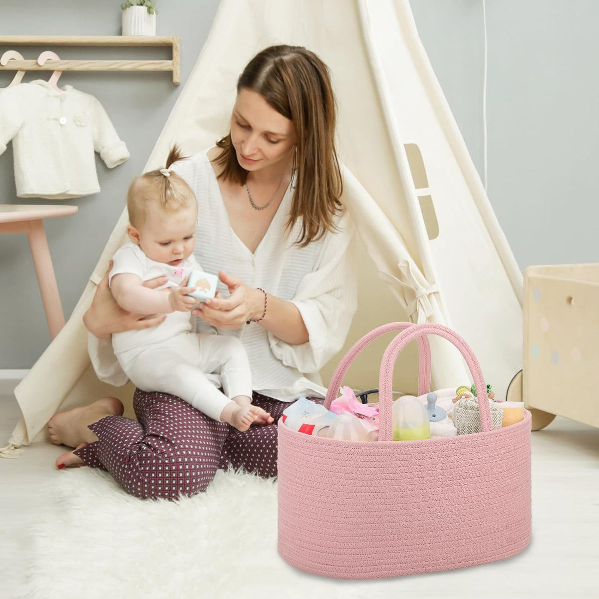 Baby Diaper Caddy Organizer for Girls, Cotton Rope, Light pink
