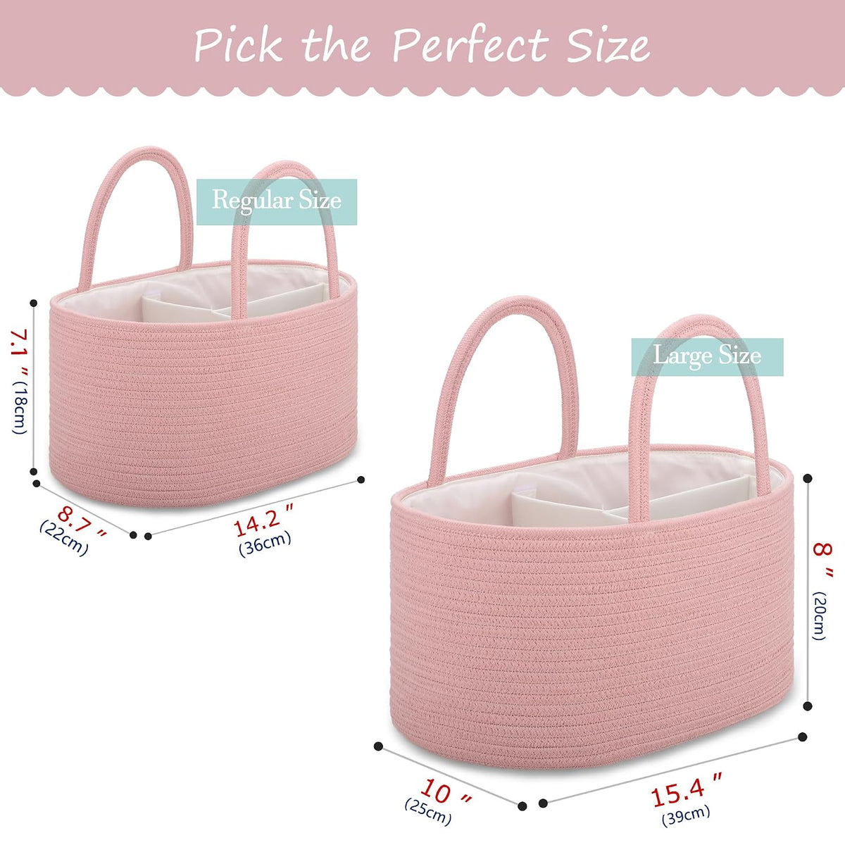 Baby Diaper Caddy Organizer for Girls, Cotton Rope, Light pink