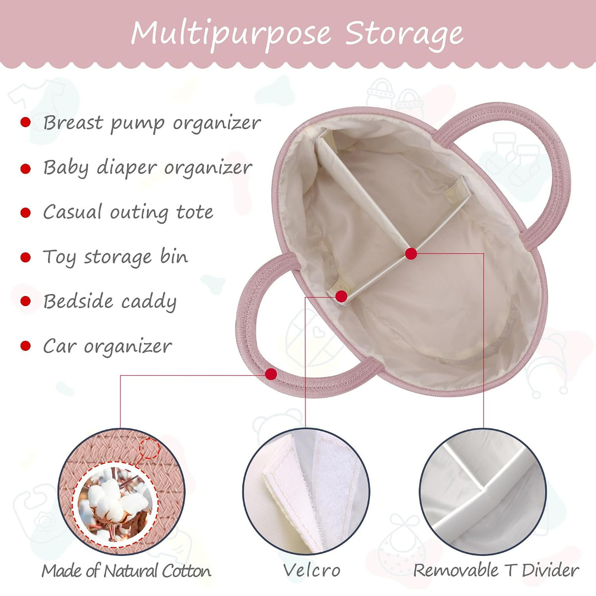 Baby Diaper Caddy Organizer for Girls, Cotton Rope, Light pink