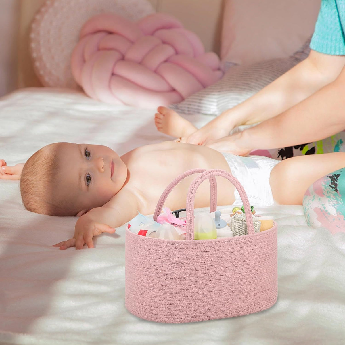 Baby Diaper Caddy Organizer for Girls, Cotton Rope, Light pink