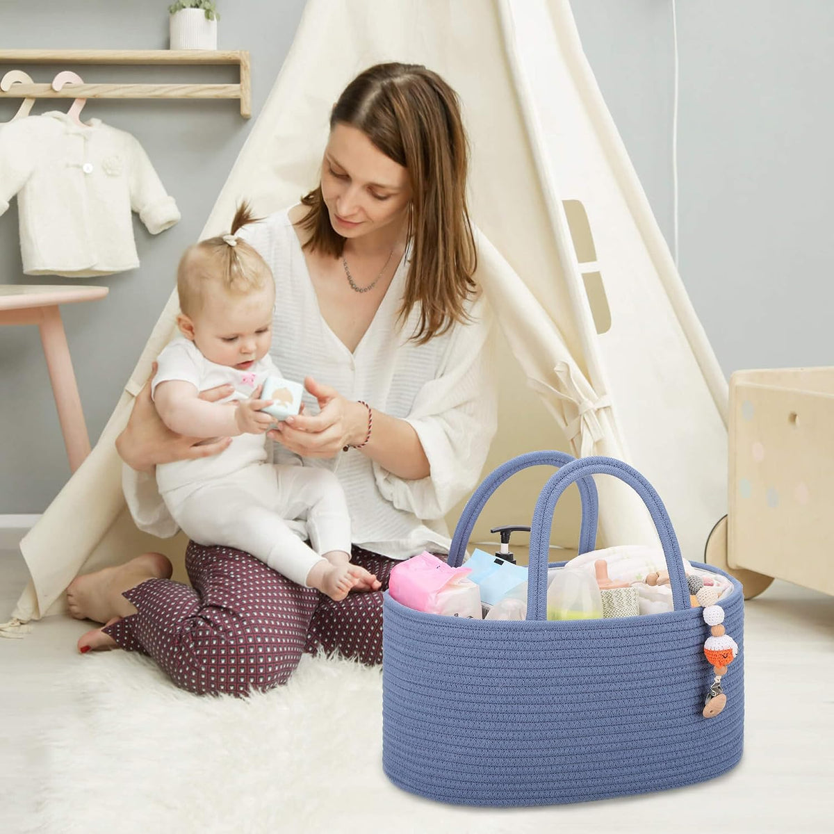 Baby Diaper Caddy Organizer for Girls, Cotton Rope, Light pink