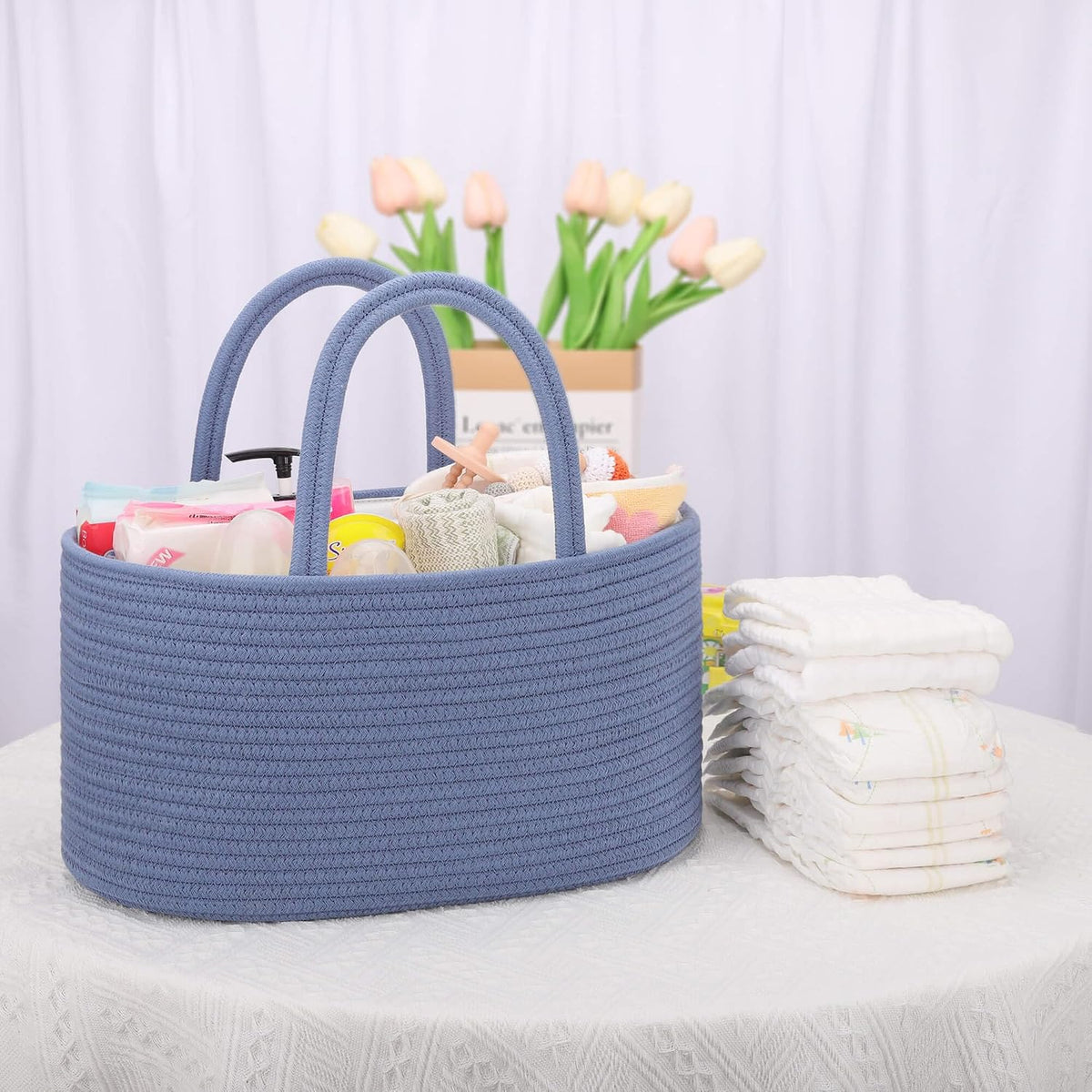 Baby Diaper Caddy Organizer for Girls, Cotton Rope, Light pink