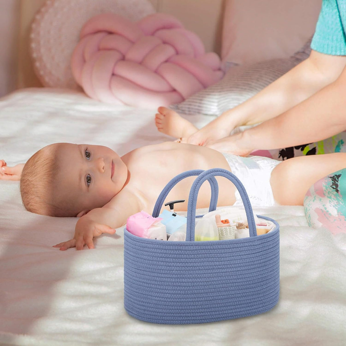 Baby Diaper Caddy Organizer for Girls, Cotton Rope, Light pink