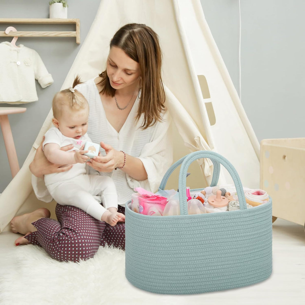 Baby Diaper Caddy Organizer for Girls, Cotton Rope, Light pink