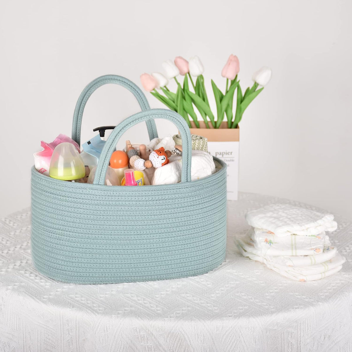 Baby Diaper Caddy Organizer for Girls, Cotton Rope, Light pink