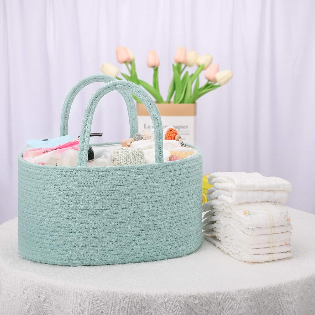 Baby Diaper Caddy Organizer for Girls, Cotton Rope, Light pink