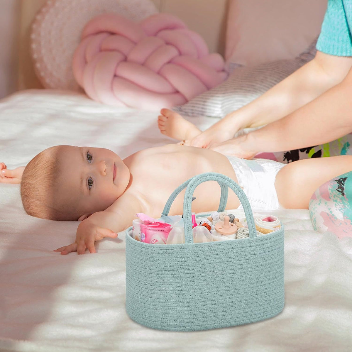 Baby Diaper Caddy Organizer for Girls, Cotton Rope, Light pink