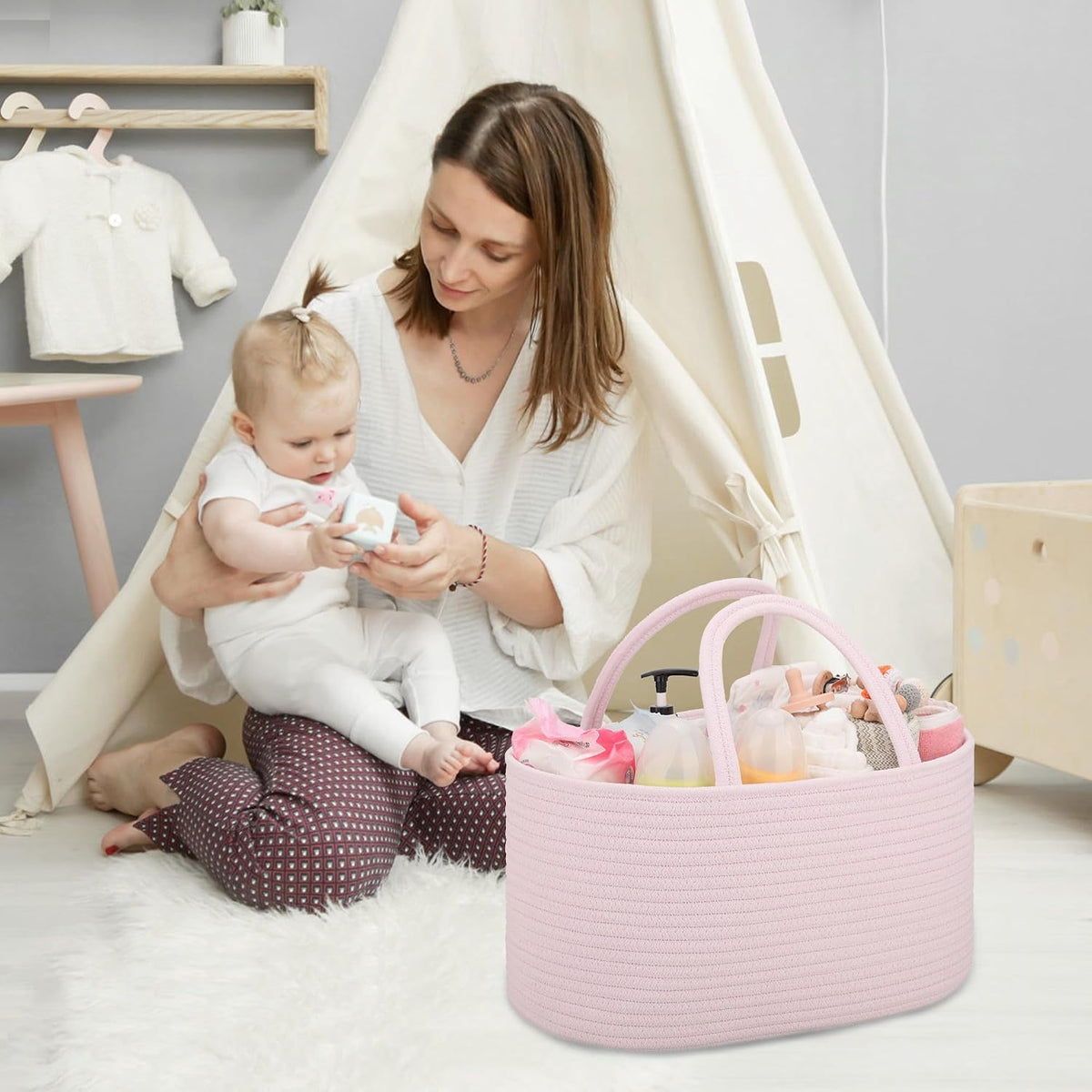 Baby Diaper Caddy Organizer for Girls, Cotton Rope, Light pink