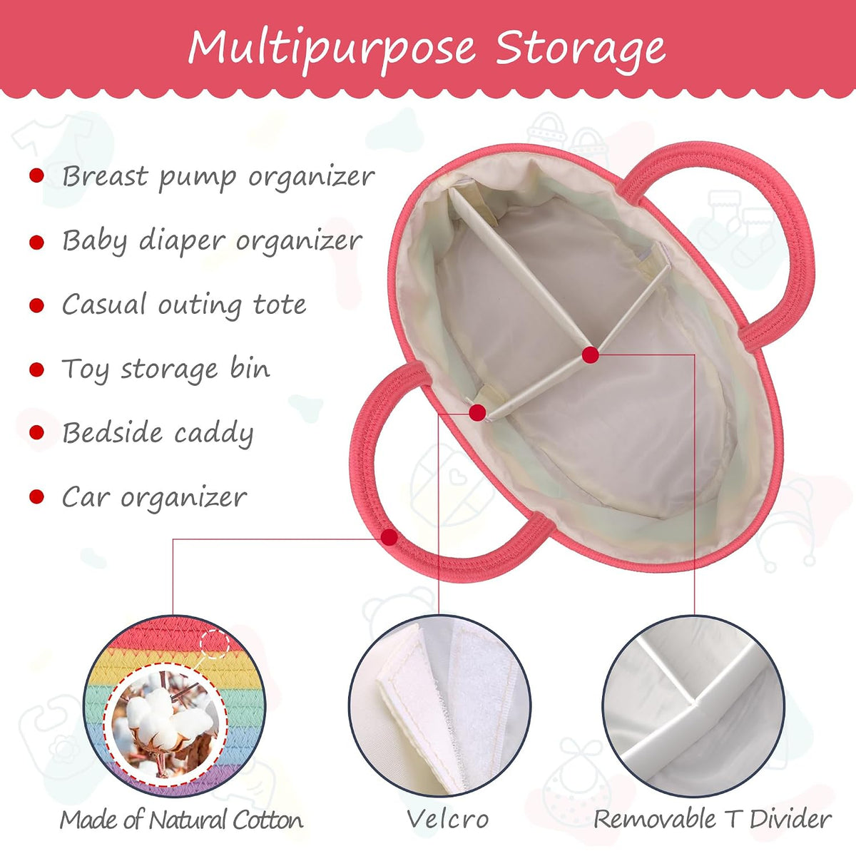 Baby Diaper Caddy Organizer for Girls, Cotton Rope, Light pink