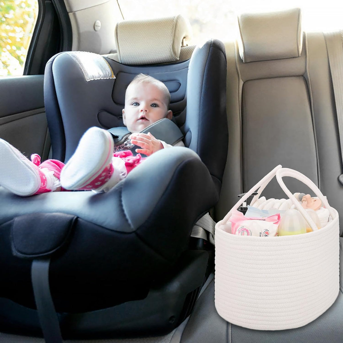 Baby Diaper Caddy Organizer for Girls, Cotton Rope, Light pink