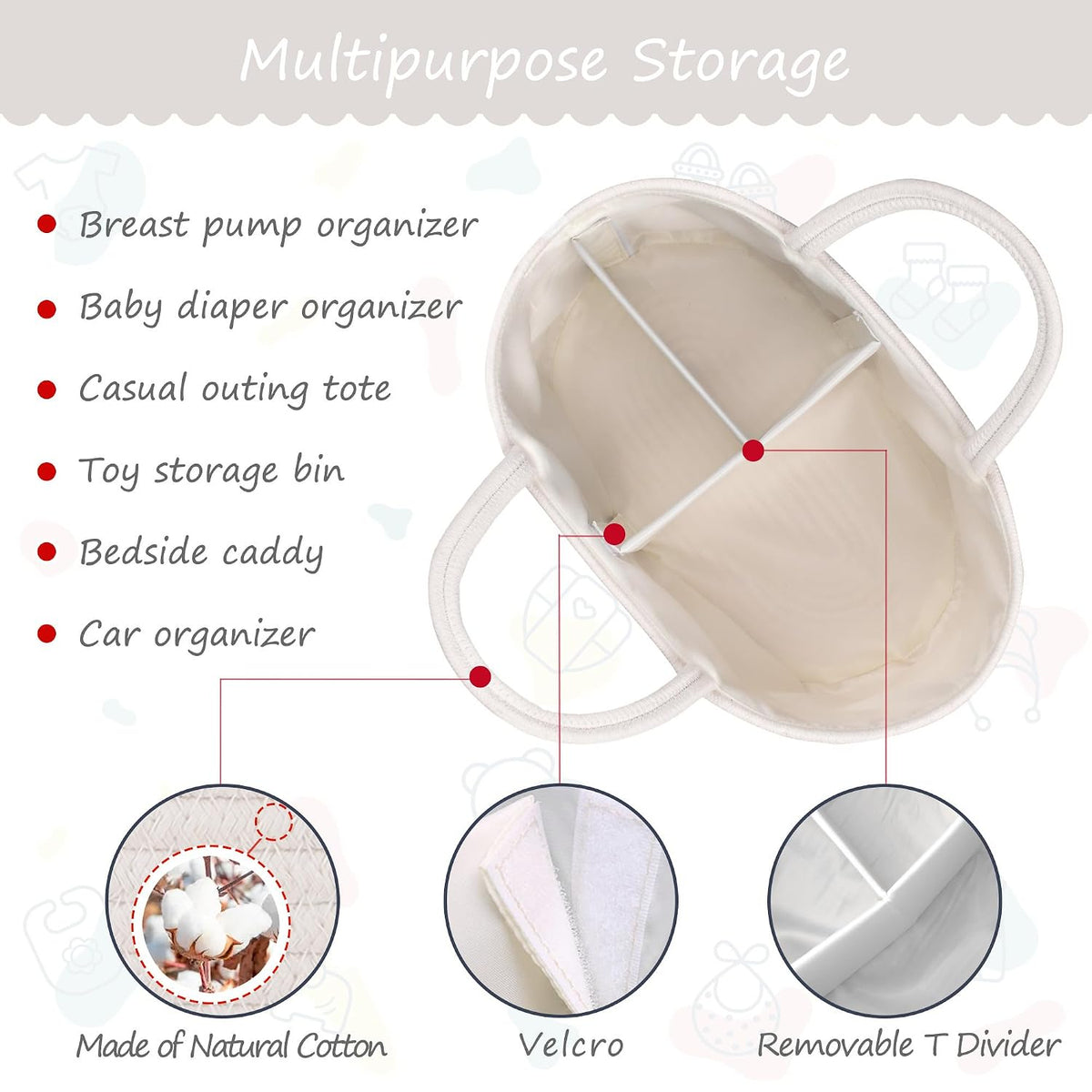 Baby Diaper Caddy Organizer for Girls, Cotton Rope, Light pink