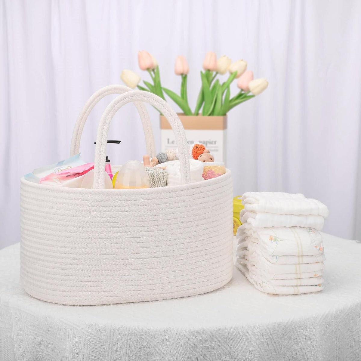 Baby Diaper Caddy Organizer for Girls, Cotton Rope, Light pink