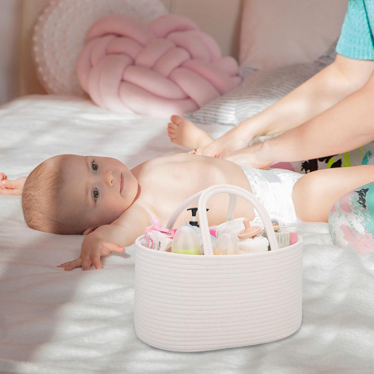 Baby Diaper Caddy Organizer for Girls, Cotton Rope, Light pink