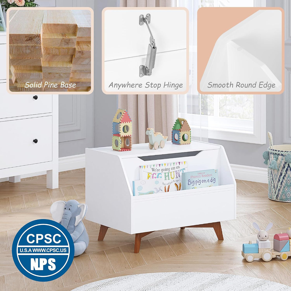 Kids Toy Box, Toy Chest with Bookshelf, Kids Storage Organizer Bench