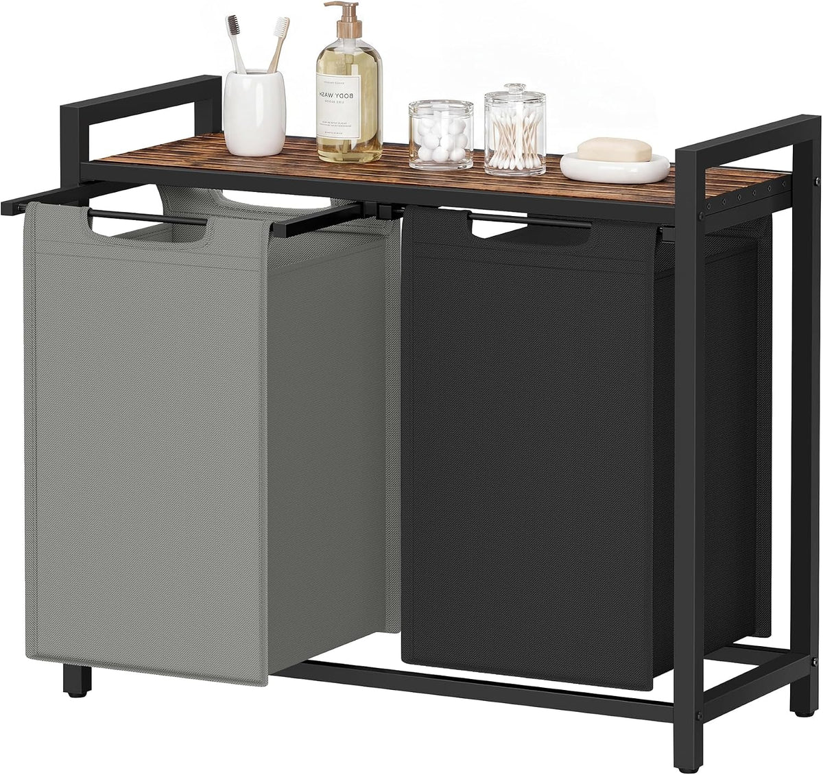 Laundry Basket Sorter with Storage Shelf, Laundry Hamper with Metal Frame, 2 x 12.1 Gallons (46 L), Gray and Rustic Brown
