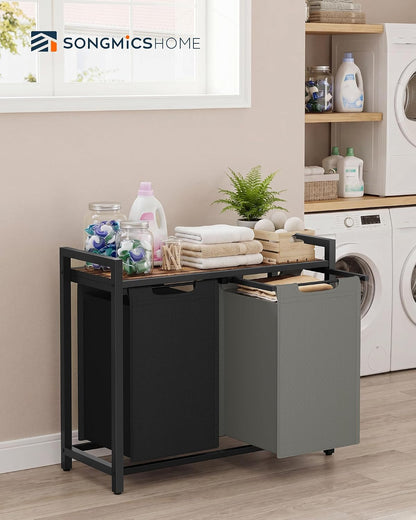 Laundry Basket Sorter with Storage Shelf, Laundry Hamper with Metal Frame, 2 x 12.1 Gallons (46 L), Gray and Rustic Brown