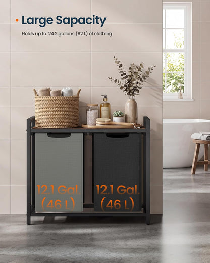Laundry Basket Sorter with Storage Shelf, Laundry Hamper with Metal Frame, 2 x 12.1 Gallons (46 L), Gray and Rustic Brown